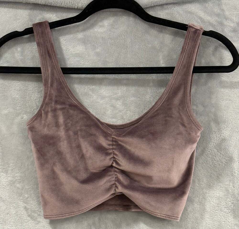Y2K Gilly Hicks Mauve Velour Ruched Crop Bra Tank Built In Cups Shelf Women's XS